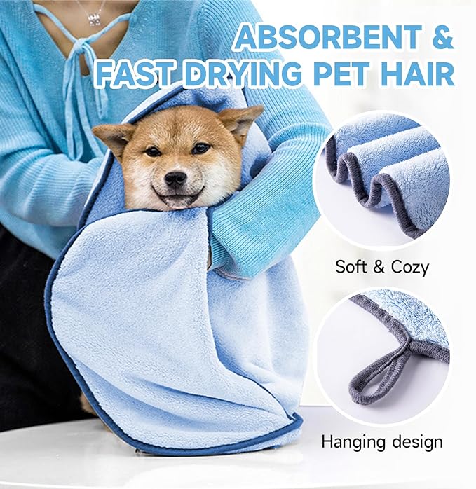 KUEIOX Dog Towels for Drying Dogs Small Medium Large, 2 Pack Dog Cat Drying Bath Towel 30.3"x13.8" with Hand Pocket,Absorbent Pet Towel for Dog Cat Blue