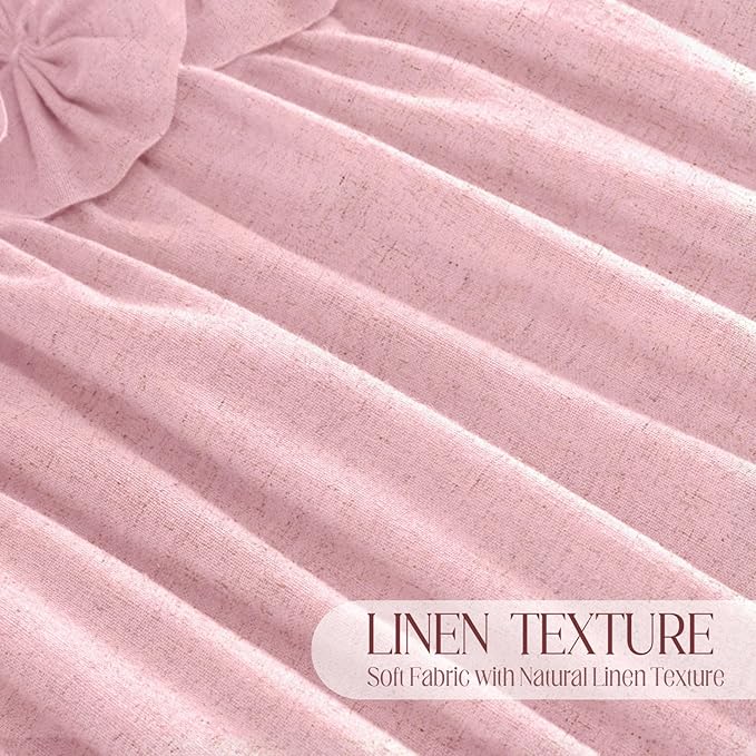 XOGUIBO Ruffle Shower Curtain with Handmade Bow Tie, Pink Linen Vintage Farmhouse Shower Curtain for Bathroom, 72" W x 72" H
