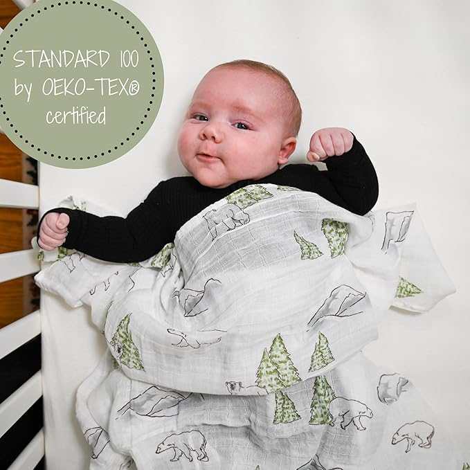 LollyBanks 100% Cotton Soft Muslin Swaddle Blankets, Polar Bear Theme, 47 x 47 Inches, 3-Pack
