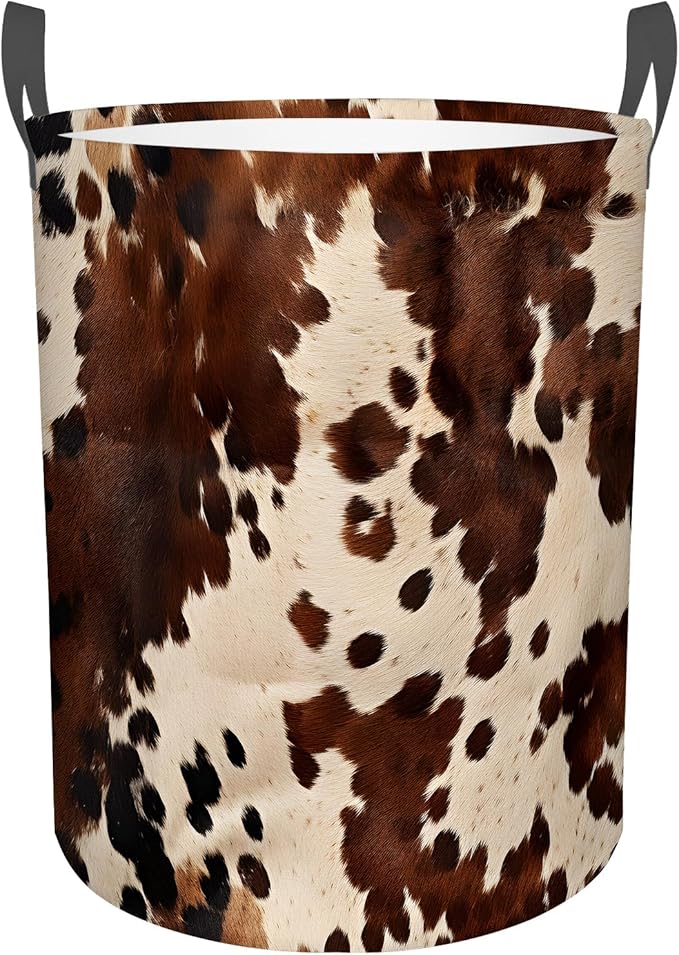 Brown Cowhide Laundry Basket,Laundry Hamper With Handles Collapsible Laundry Baskets Waterproof Dirty Clothes Hamper Storage Basket Toy Bins For Room Bathroom Bedroom Decor