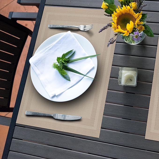 Winknowl Placemats Set of 8，Heat Resistant Woven Vinyl Washable PVC Place Mats，Non-Slip Stain Resistant Indoor/Outdoor Table Mats for Dining Table (Gold)
