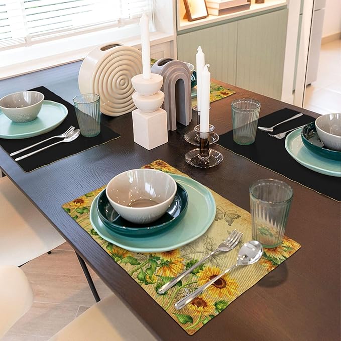 Sunflower Placemats, Rural Vintage Old Watercolour Sunflower Butterfly Flower Bee Print Washable Fabric Placemats Table Kitchen Dining Party 12x18 Inch Set of 6