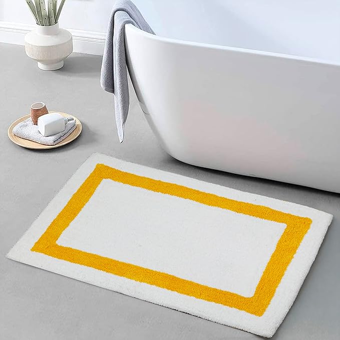 C23 Luxury Deep-Pile Bath Rug | 2200 GSM Ultra-Soft Plush Thick Bathroom Mat | 20"x32" Mustard Yellow & White High-Density Loft Rug | Non-Slip Natural Latex Back, Absorbent, Machine Washable, 1 Piece