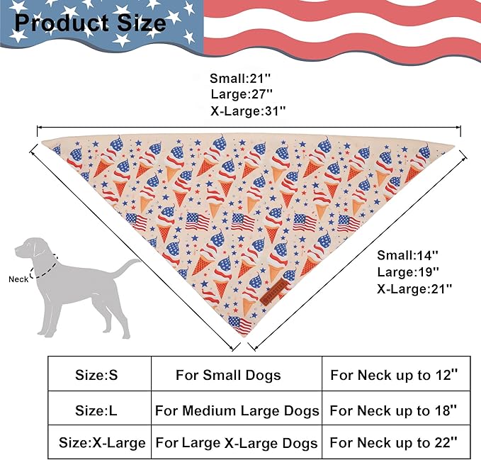 ADOGGYGO American Flag Dog Bandana, Ice Cream Hamburg Flag Pet Scarf, Premium Durable Fabric, Patriotic 4th of July Bandanas for Small Dogs Pets (Small)