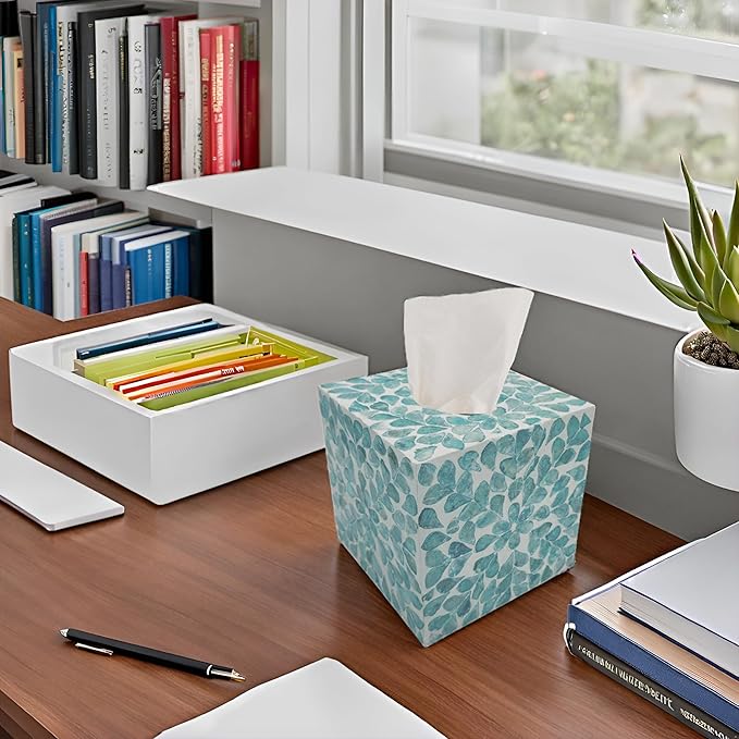 PEMAR Handcrafted Wooden Tissue Box Cover for Small Cube Tissue Boxes Only (Max Inner Size 4.7”) – Capiz Shell Inlay Decorative Tissue Holder for Bathroom, Living Room & Office (Teal Vines)