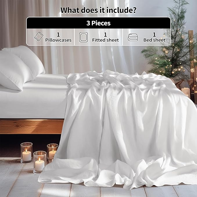 LBRO2M 100% Linen Sheet Set Twin Size,Bed Sheets 3 Piece Sets,Solid Color Natural Flax Bed Sheets Soft Breathable Bedding,16" Deep Pocket,All Season (Twin, White)