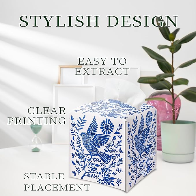 Blue Tissue Box Holder, Scandinavian Boho Bird Leather Tissue Box Cover Square, Paper Napkins Everyday Dispenser for Bathroom Vanity Countertop Night Stands Kitchen Office Car Home Decor
