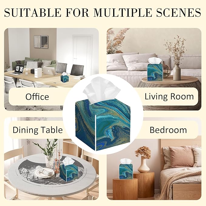POIUBLE Leather Tissue Box Holder Blue and Gold Liquid Marble Tissue Box Cover Square Waterproof Tissue Holder Organizer Modern Napkin Holder for Bedroom Dresser Night Stand Office Desk
