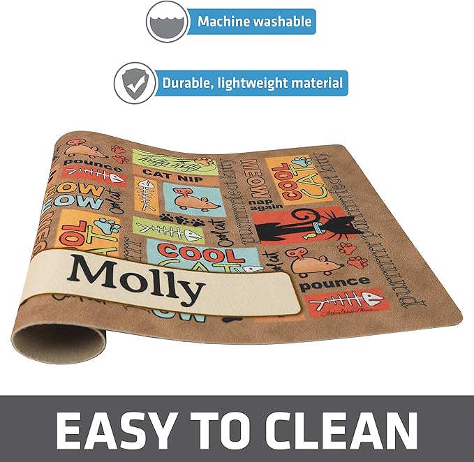 Drymate Personalized Pet Bowl Placemat, Custom Dog & Cat Food Feeding Mat - Absorbent Fabric, Waterproof Backing - Machine Washable/Durable (USA Made) (12" x 20") (Cool Cat - Brown)