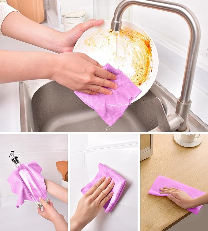 KitchLife Microfiber Cleaning Cloth Roll, 100 Pack - Tear-Away Microfiber Paper Towels, Lint-Free, Reusable, Washable for Kitchen, Car, Dishes, and Sensitive Surfaces (Light Purple)