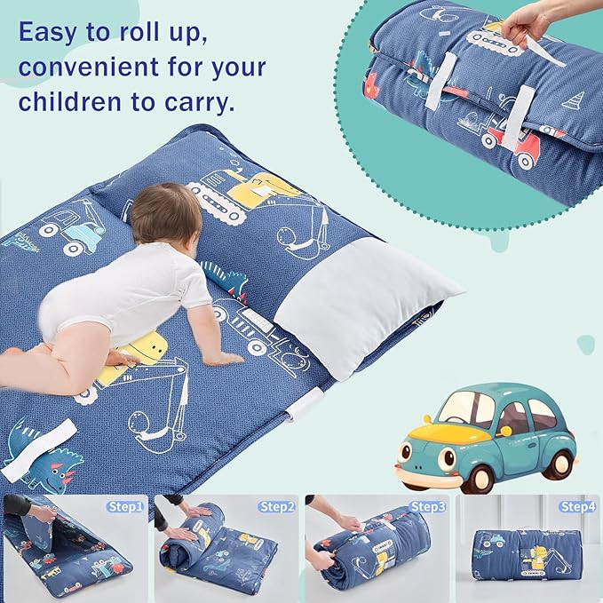 Cotton Toddler Nap Mat for Boys,Roll Up Slumber Bags Dinosaur Pattern,Toddler Nap Mat with Removable Pillow and Blanket, Kids Sleeping Mat for Daycare,Preschool and Kindergarten-Navy Blue ﻿