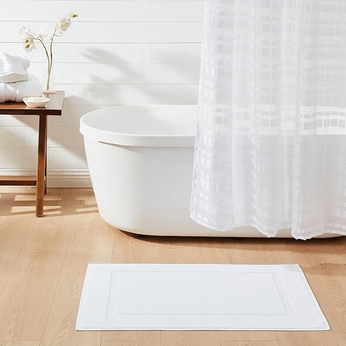 Casual Living White Cotton Bath Mats, Set of 2 Towel Mats for Bathroom Floor, Banded Absorbent Cotton Bath Rugs, Washable, Bathroom Accessories, 34-inch x 21-inch, White
