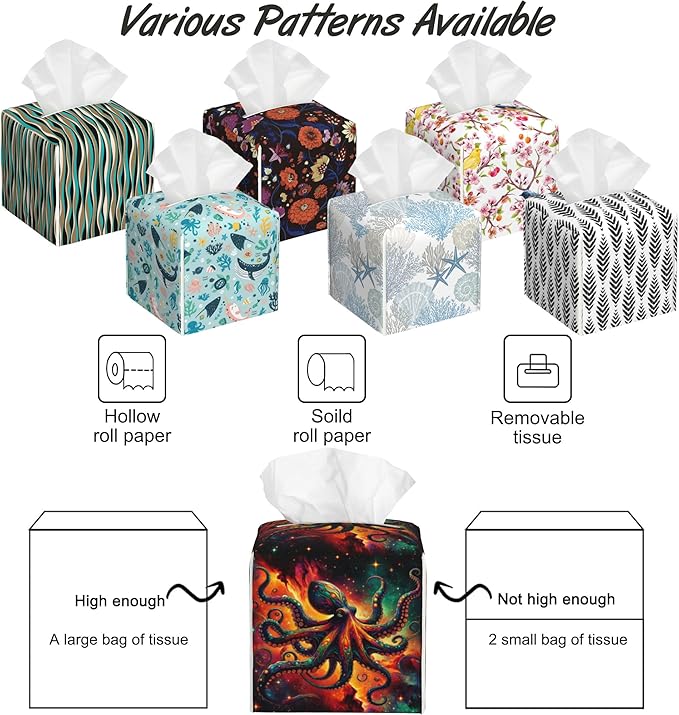 Mystical Octopus Tissue Box Cover,Colorful Galaxy PU Leather Tissue Box Holder Square,Modern Home Decoration for Bathroom Living Room Kitchen Office Car,5.2"×5.2"×5.2"