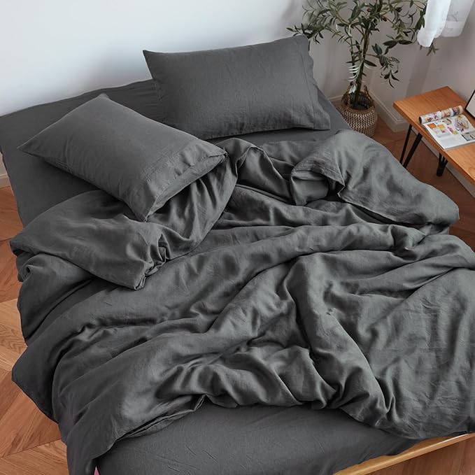 Sijo Stone Washed Organic French Linen Bed Sheet Set, GOTS Certified Organic, Best Cooling Linen Sheet Award by Sleep Foundation, 3 Piece - 2 Pillowcases and 1 Fitted Sheet (Storm, Cal King)