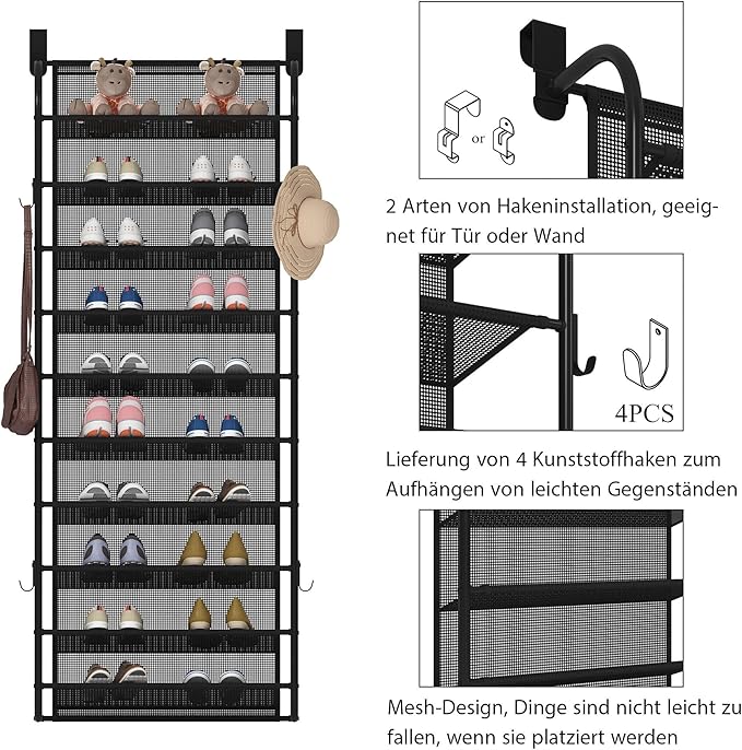 MUOU 10 Tier Shoe rack Hanging Shoe Storage the door shoe rack for Closet Pantry Over The Door Shoe Organizer Wall Floating Shelves (Black, 10 Tier)