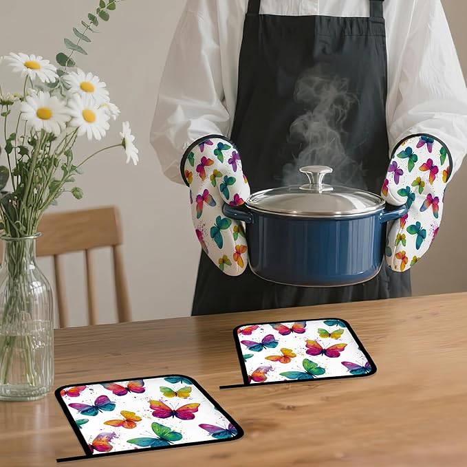 Colorful Butterfly Oven Mitts and Pot Holders,Heat Resistant Oven Mitts Gloves and Pot Holder for Home Kitchen Decorations Cooking Baking BBQ Gifts,Set of 4