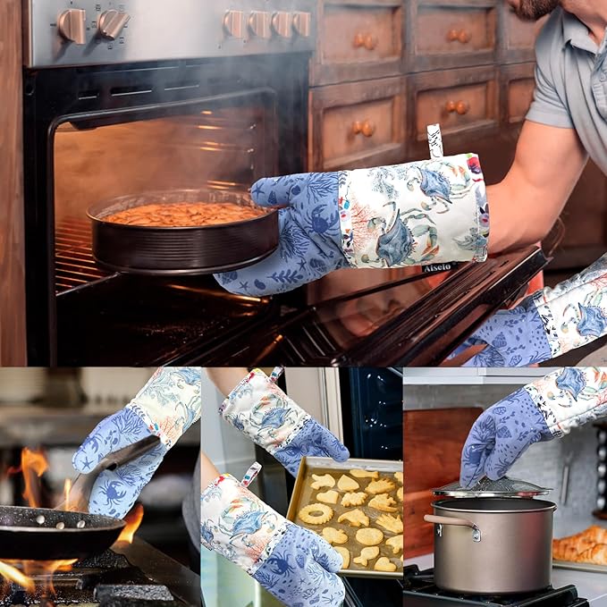 Oven Mitts, Heat Resistant with Soft Quilted Cotton Lining Set of 2, Fashion Crab Design with Silicone Printing Anti-Slip Kitchen Gloves for Safe Backing Cooking Barbecue (Lilac,Crab)