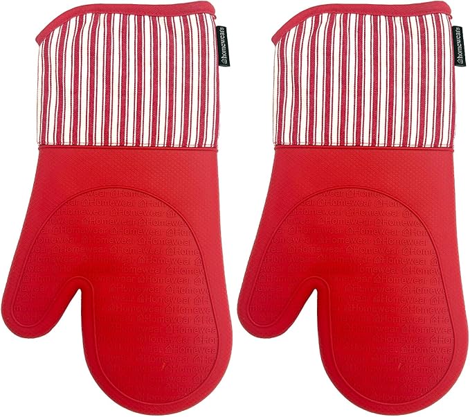 Homewear Marlow Silicone Extra Long Oven Mitt 2 Piece Set, Heat and Slip Resistant, Recycled Cotton with Soft Lining, Thick Kitchen Gloves for Cooking, Red