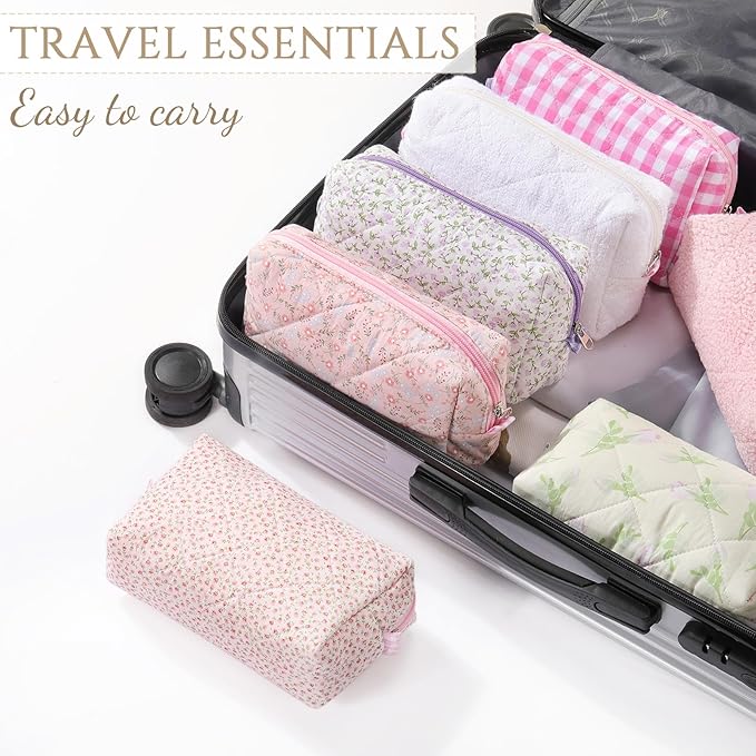 Paterr 10 Pcs Quilted Makeup Bag Bulk Cotton Floral Cosmetic Bag Women Girls Bridesmaid Gifts Cute Makeup Pouch Coquette Aesthetic Travel Toiletry Organizer(Purple Floral,7.87 x 4.72 x 3.15 Inches)