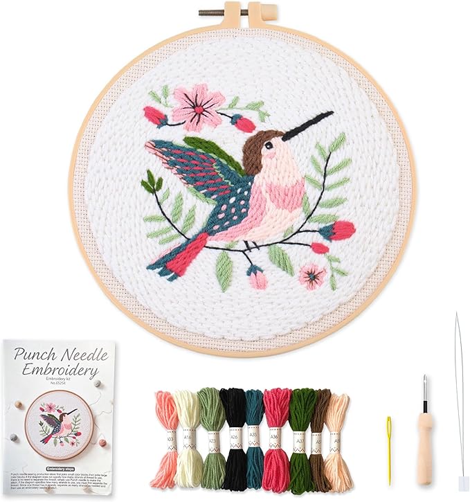 Myfelicity Punch Needle Embroidery Kit, Beginner Craft Set with Animal Pattern Design, 7.9 Inch Hoop (Hummingbird)