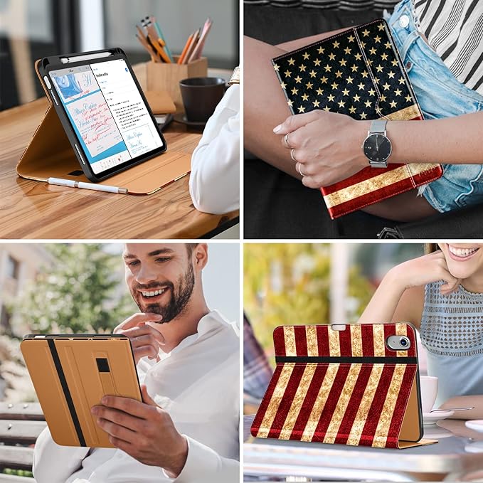 DTTO for iPad (A16) 11th Generation Case 11 Inch 2025, iPad 10th Generation Case 10.9 Inch 2022, Premium Leather Business Folio Stand Cover with Pencil Holder - Auto Wake/Sleep, US Flag