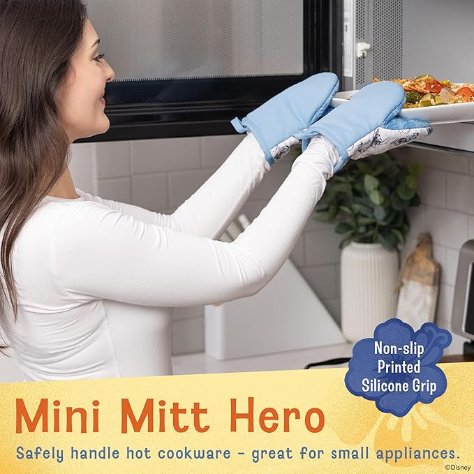 Disney Oven Mitts - 5.5” x 7.5” Heat-Resistant Mini Oven Mitts with Non-Slip Printed Silicone Disney Silhouettes - Mickey & Minnie, Stitch, Winnie The Pooh