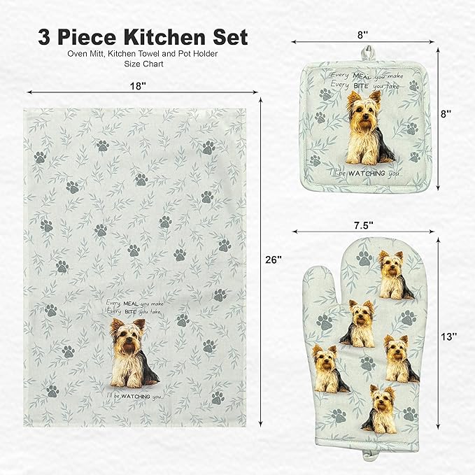 Yorkie 3-Piece Kitchen Set - Oven Mitt, Pot Holder & Kitchen Towel Set, Heat Resistant up to 420 F, Soft Quilted Cotton for Cooking, Baking, BBQ, Pet Lover Gifts (Yorkie)