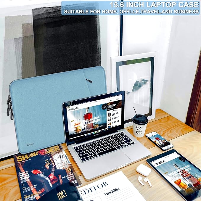 15.6 inch Laptop Case, Shockproof Protective Computer Sleeve Cover with Accessories Pocket, Water Resistant Traveling Carrying Laptop Bag Compatible for MacBook Dell HP Acer Lenovo, Light Blue