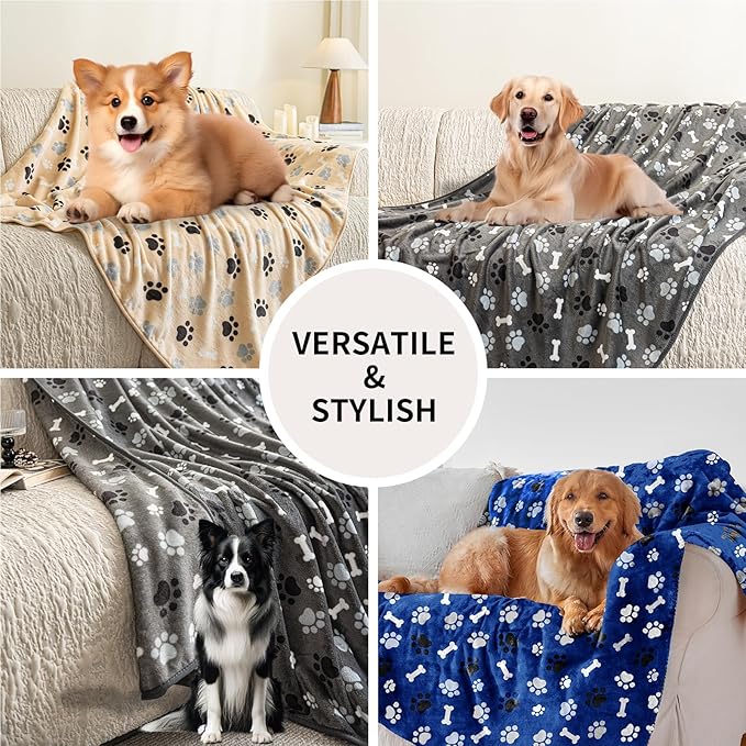 AIWEK Dog Blanket Paw Bone Pattern 1 Pack 3 Colorful 60"*50" Super Soft Warm Flannel Sofa Cover Car Bed Protector, Urine Proof Washable Outdoor Pet Blanket for Puppy Large Dogs & Cats