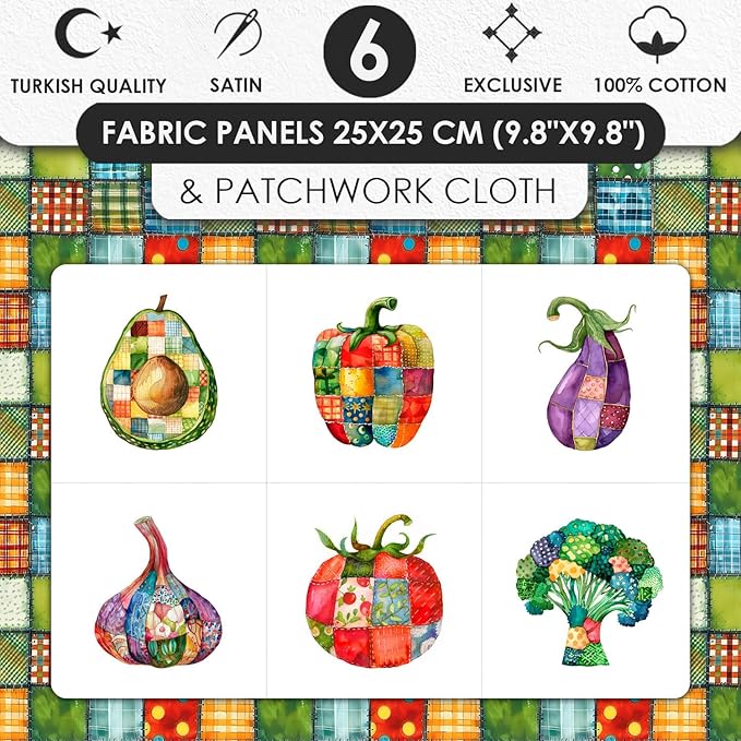 Vegetable Patchwork Cotton Fabric Panel – 6 Designs (10×10 inch Each) + Bonus Patchwork Sheet 29.5×19.6 inch, 100% Cotton 140 GSM
