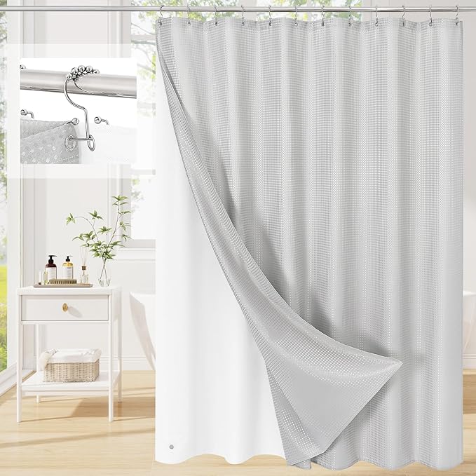 Craidlela 3 in 1 Extra Long Light Grey Shower Curtain Set-72 W x 84 H, Modern Waffle and PEVA Liner Set with 12 Stainless Steel Hooks, Waterproof Fabric for Bathroom