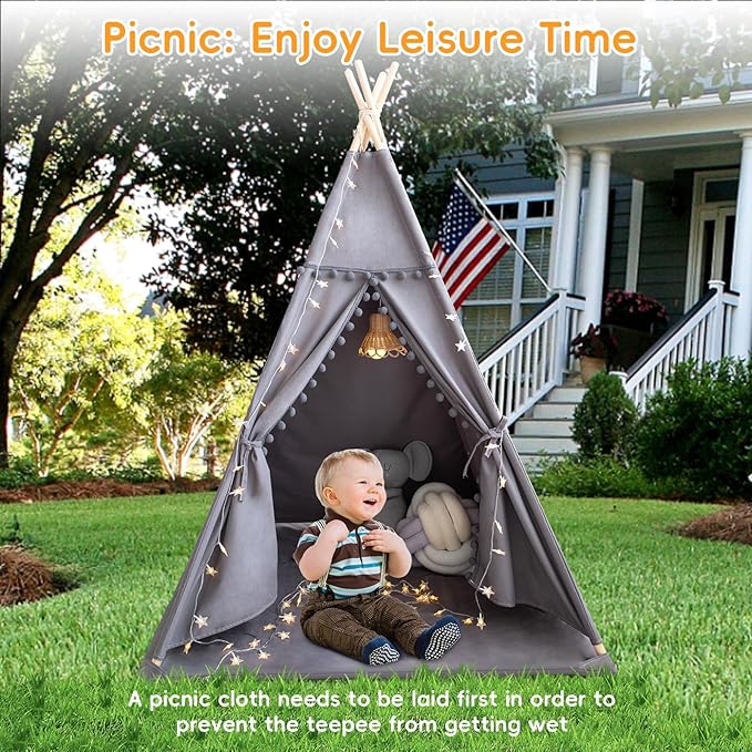RONGFA Teepee Tent for Kids with Mat, Star Lights, Carry Case, Cotton Canvas Playhouse, Foldable Tents, Portable Children Play Tent Indoor Outdoor(Grey)