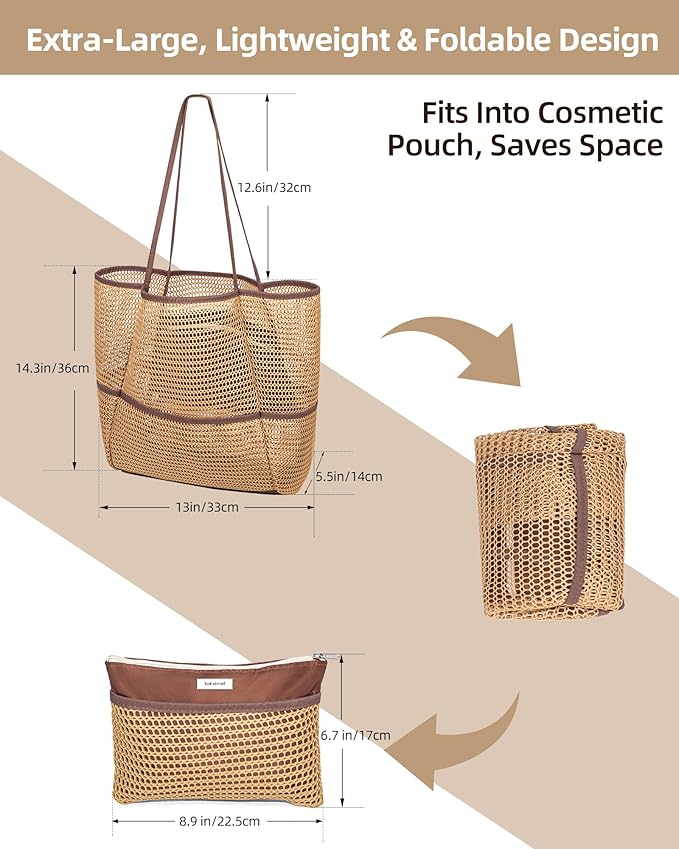 ToKismet Mesh Beach Tote Bag Packable,2026 New 2-in-1 Large Lightweight Foldable Beach Bags with Multiple Pockets for Women