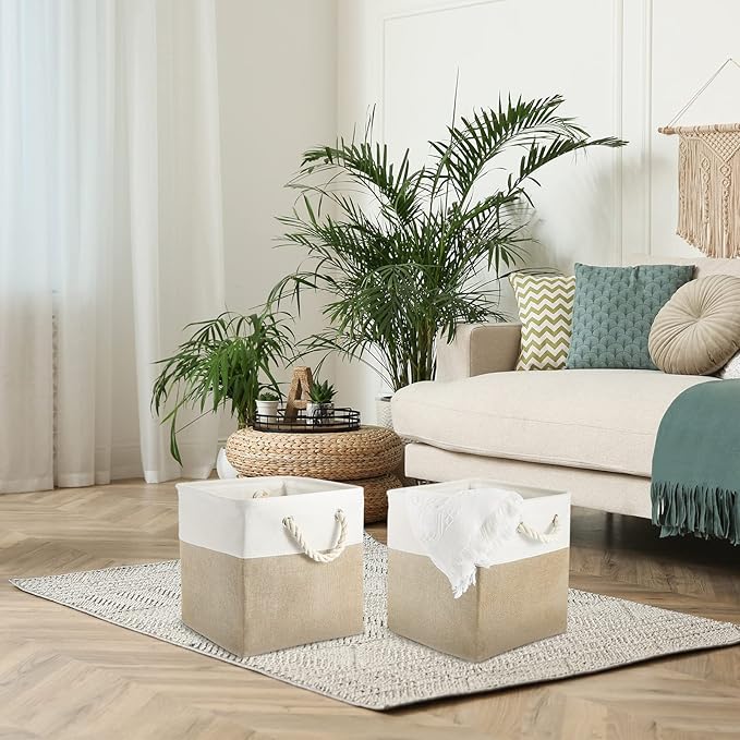 Geiserailie 6 Pcs 11 x 11 Inch Cube Storage Bins Fabric Storage Organizer Bins Foldable Cube Baskets with Sturdy Carry Handles Wicker Baskets for Home (White,Light Brown)