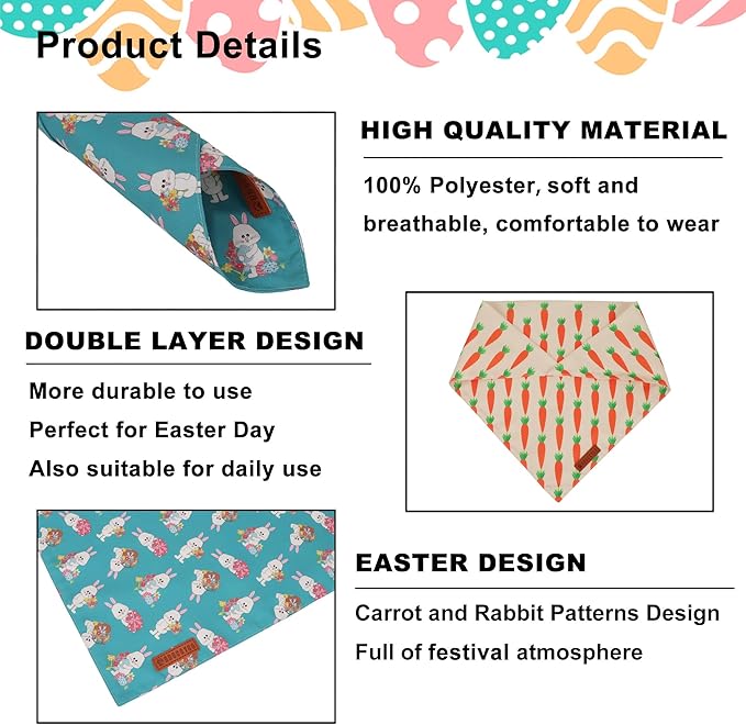 ADOGGYGO Easter Dog Bandanas 2 Pack, Triangle Reversible Bunny Carrot Dog Scarf, Premium Durable Fabric, Easter Bandana for Large and Extra Large Dogs (X-Large)