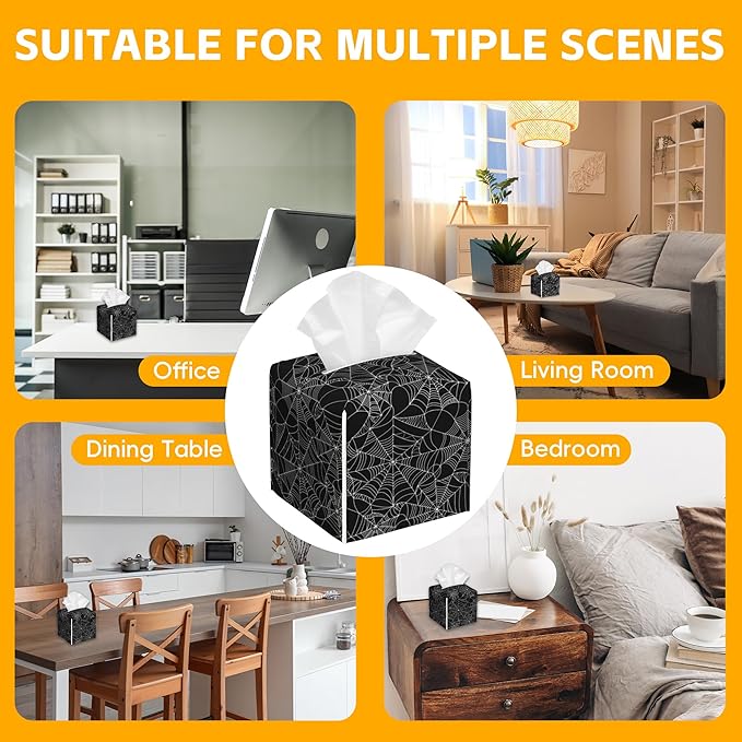 Spider Web Tissue Box Holder,Cube Tissue Box Cover Holder,Leather Facial Paper Organizer Dispenser Home for Bedroom Night Stands,Kitchen,Office and Car,5.2"×5.2"×5.2"
