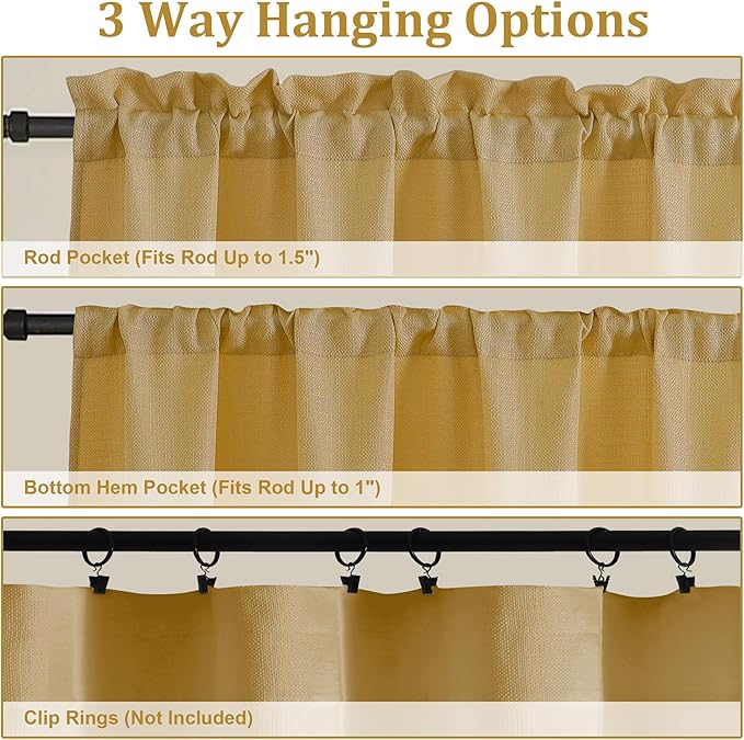 Lecloud Bessie Gold Curtains for Living Room 84 Inches Long 2 Panels, Airy Privacy Light Filtering Curtain Drapes, Faux Linen Textured Rod Pocket Curtains for Bedroom Dining Room, Each 40 W x 84 L