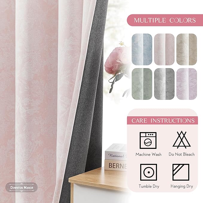 Beauoop Pink Floral Jacquard Blackout Curtains 108 Inches Long 2 Panels for Bedroom Living Room Chenille Flower Room Darkening Thermal Soundproof Grommet Window Treatments Drapes, 52x108