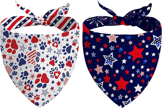 4th of July Dog Bandana Reversible 2 Pack Small, Red White and Blue Dog Paw Star Patriotic Dogs Bandanas Set Adjustable Triangle Holiday Scarves for Memorial Day Small Medium Boy Girl Dogs