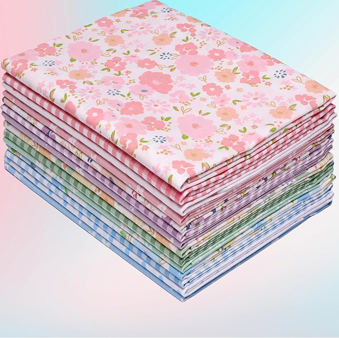 Hanjunzhao 14 Pcs Pink Green Blue Purple Floral Dots Plaid Print Cotton Fabric Fat Quarters Bundles 18 x 22 Inch Sewing Fabrics for Quilting Chrismas Holiday Party Decor DIY Crafts, Sweet Garden