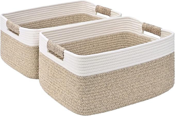 2 Pack Large Storage Basket for Organizing, 17.5"x13.5"x7.5" Woven Basket for Shelves, Closet Cube Storage Bins with Wrapped Handle, Cotton Rope Baskets for Kitchen, Clothes, Toys(Off White & Brown)