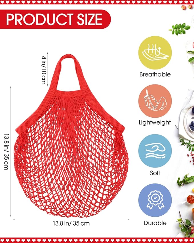 Eccliy 12 Pcs Reusable Mesh Grocery Bags Portable Cotton Produce Containers Washable Net Mesh Tote Bag Handle String Shopping(Red)