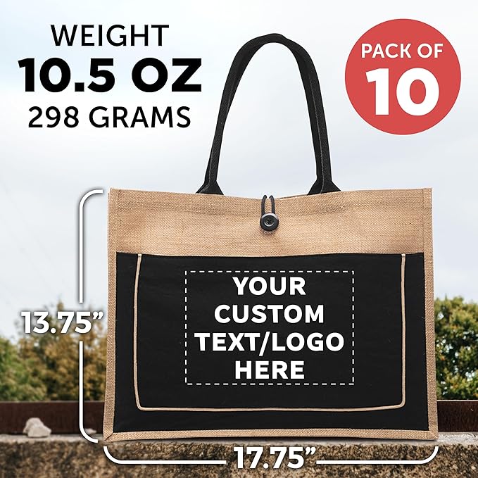 DISCOUNT PROMOS Custom Jute Tote Bags with Cotton Pocket Set of 10, Personalized Bulk Pack - Reusable, Great for Picnic, Camping, Beach, Outdoor Activities - Black