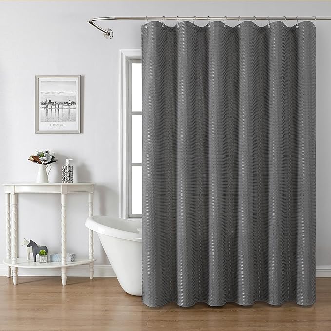 meioro Grey Shower Curtain, Waffle Weave 256GSM Heavy Duty Textured Fabric Shower Curtains for Bathroom Hotel Spa, Luxury Weighted Polyester Cloth Bath Curtain Set with 12 Hooks, 72Wx96H