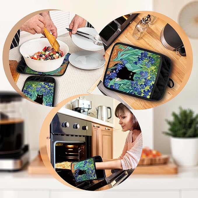 Irises Floral Black Cat Pot Holders with Pockets, Cat Kitchen Decor, Whimsical Flower Field Black Kitten Oven Pot Holders Heat Resistant Oven Mitts Hot Pads for Kitchen Baking Cooking