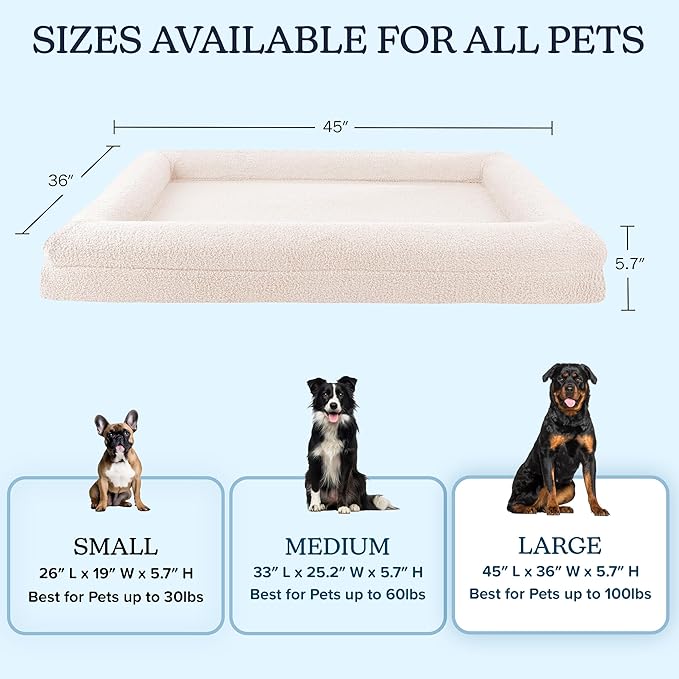PETMAKER Orthopedic Pet Bed - 45in Large Dog Bed with Supportive Bolster, Nonslip Bottom, and Removable Washable Cover - Memory Foam Pet Beds for Large Dogs - Dog Products (Cream)