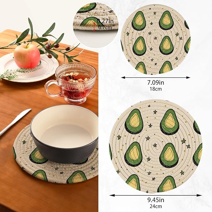 Avocados Stars Dots Minimalist White Trivets for Hot Dishes Pots and Pans Potholders Woven Trivet Cotton Round Large Pot Holder Decor Heat Resistant Hot Pads Mat for Table Counter Cooking Potho