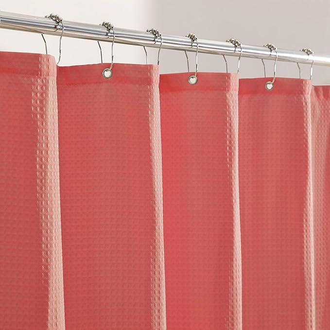 MONDAY MOOSE Scalloped Waffle Weave Shower Curtain with Rustproof Metal Grommet Holes for Bathroom, Machine Washable, Hooks Included (72x72 inch, Light Coral/Coral)
