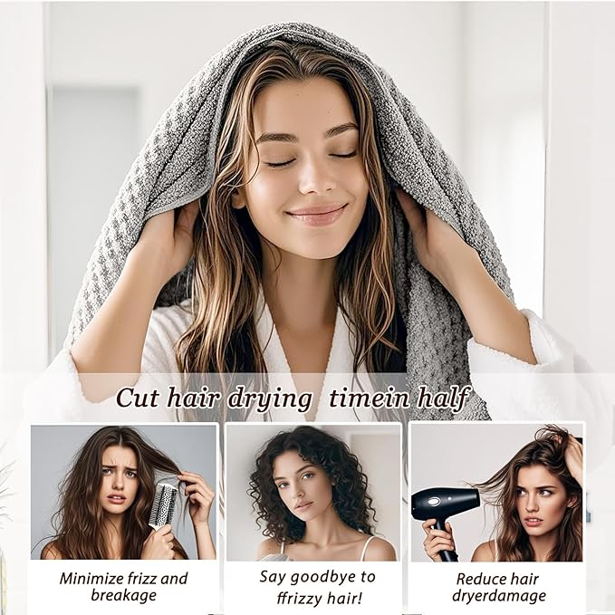Netcken Large Microfiber Hair Towel for Women,Super Soft Anti Frizz & Quick Dry for Curly Hair,Ultra Absorbent Hair Wrap Towels for Long,Thick,Wet Hair 24x42 Inches (Grey)
