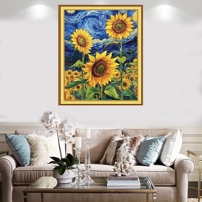 Foxnyart Stamped Cross Stitch Kits Full Range of Embroidery Needlework Starter Kits for Beginners Adults 11CT Embroidery Patterns Art Crafts DIY Needlepoint Kit-Van Gogh Sunflowers 16x20 inchs